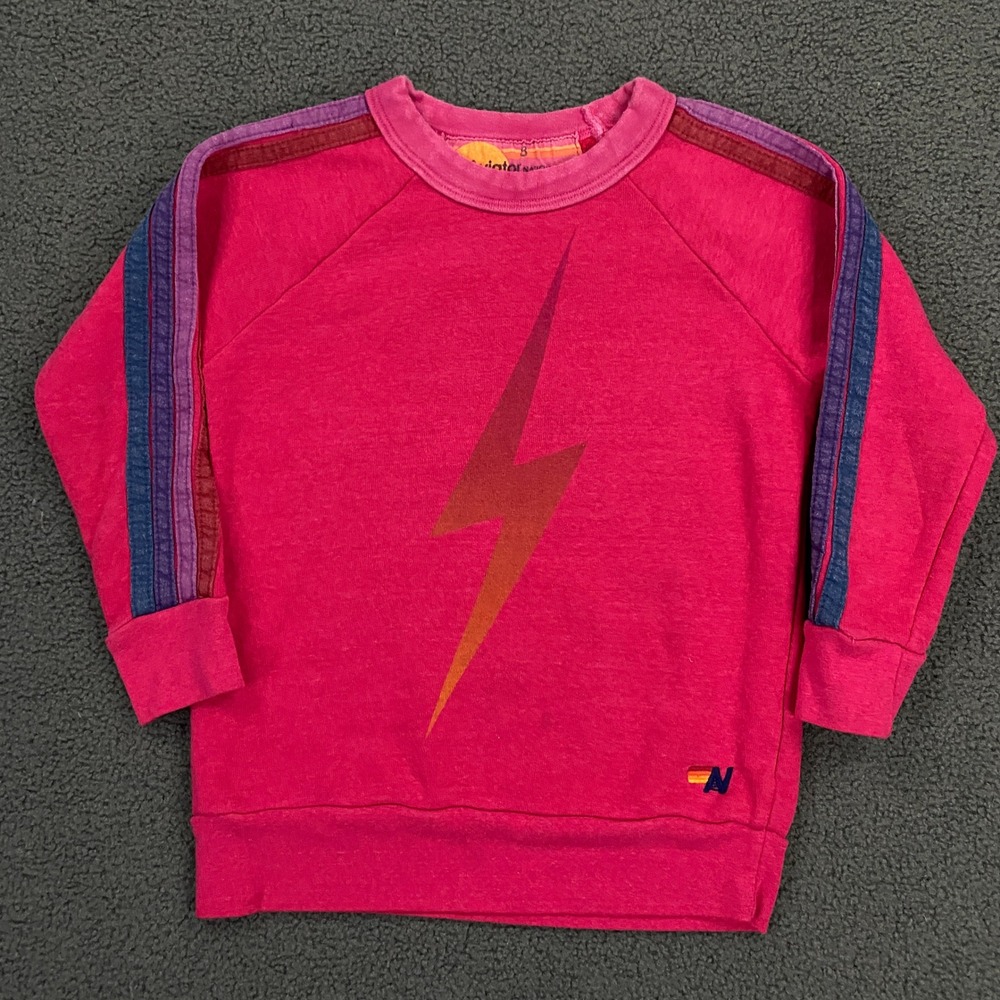 Aviator Nation Sweatshirt Kids 8 Pink Lightning Bolt Rainbow Stripe Pullover